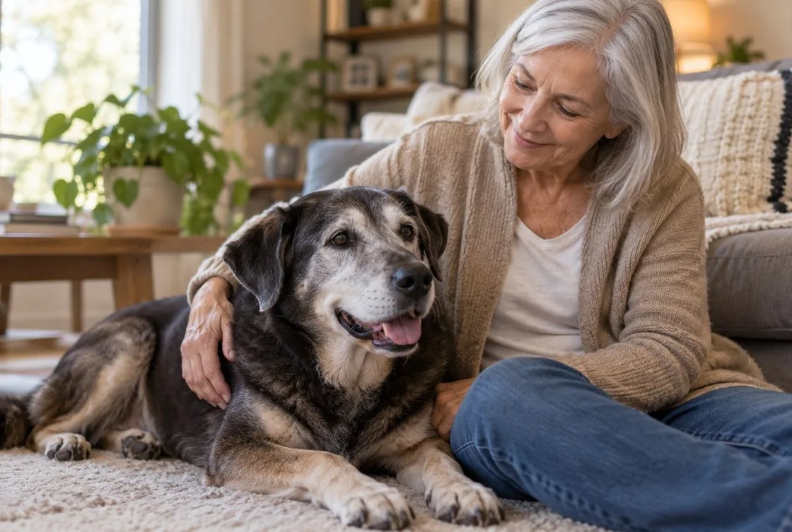 Gray-muzzled dog lying beside an owner at home