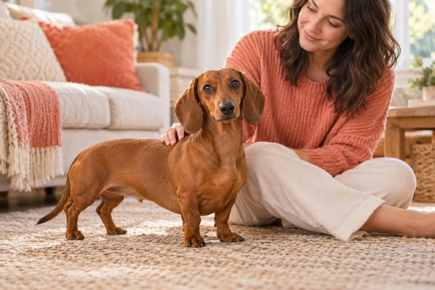 Smooth-haired brown dog standing beside an owner seated at home